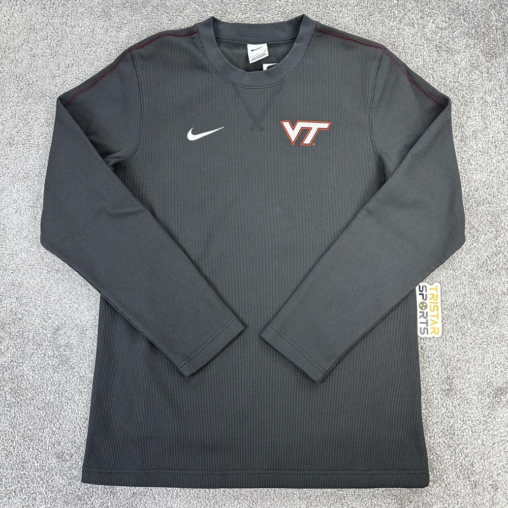 Virginia Tech Hokies Shirt Mens Small Gray Nike Thermal Crewneck PE Team Issue